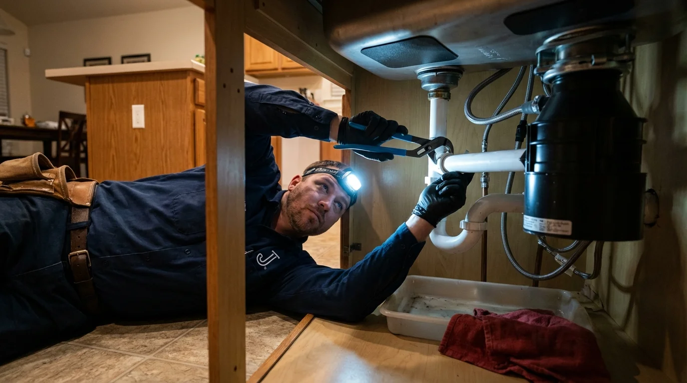 P-trap and supply line connections under a kitchen sink showing a common leak point in Dublin, TX